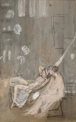 スタジオで、1867〜68年頃（トイレ、ガッシュ、紙に黒いチョーク）